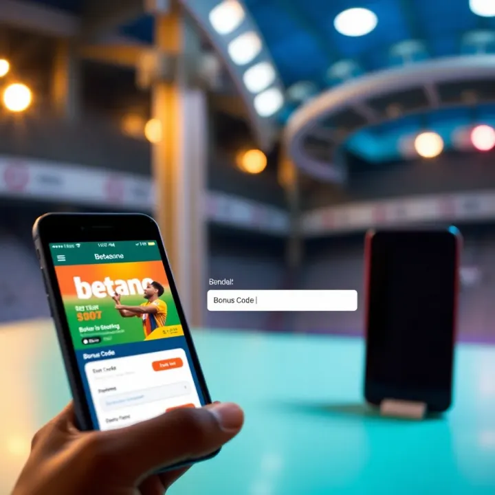 Illustration of a smartphone displaying the Betano betting platform with bonus code entry highlighted