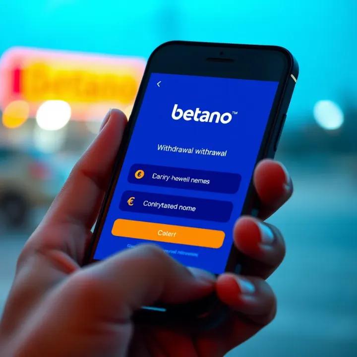 Smartphone displaying Betano app withdrawal screen with currency symbols and confirmation icons
