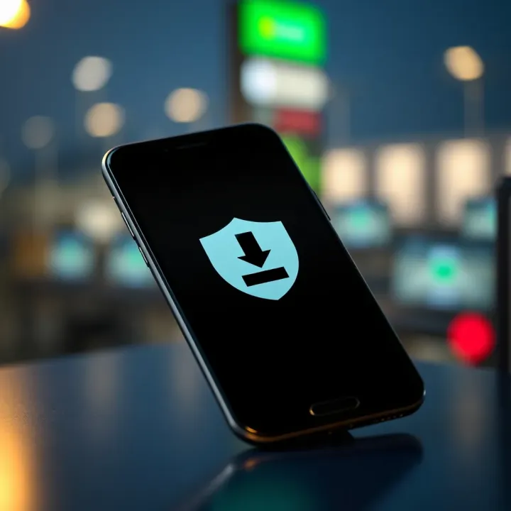 Illustration of Android phone with download icon and security shield symbol