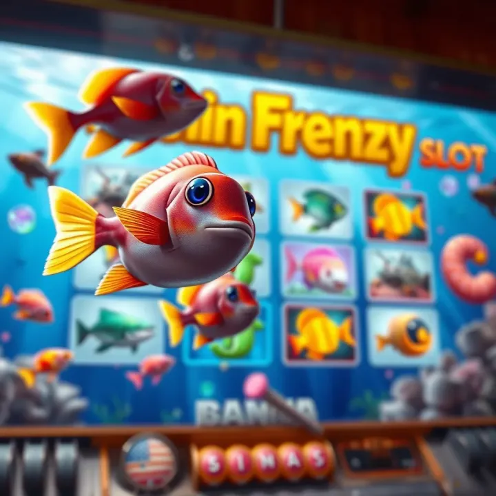 Colorful underwater scene featuring animated fish swimming around slot reels with fishing-themed symbols