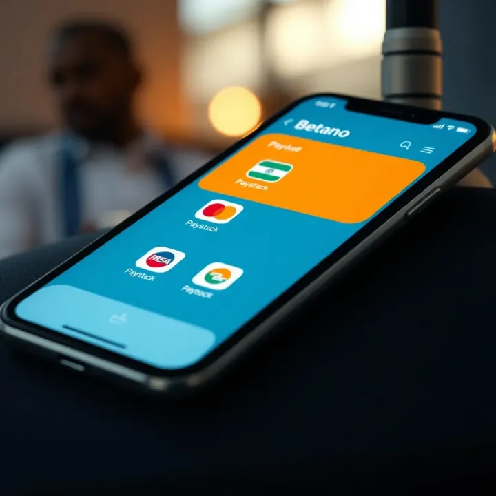 Various Nigerian payment methods including Paystack icons integrated with Betano app screen