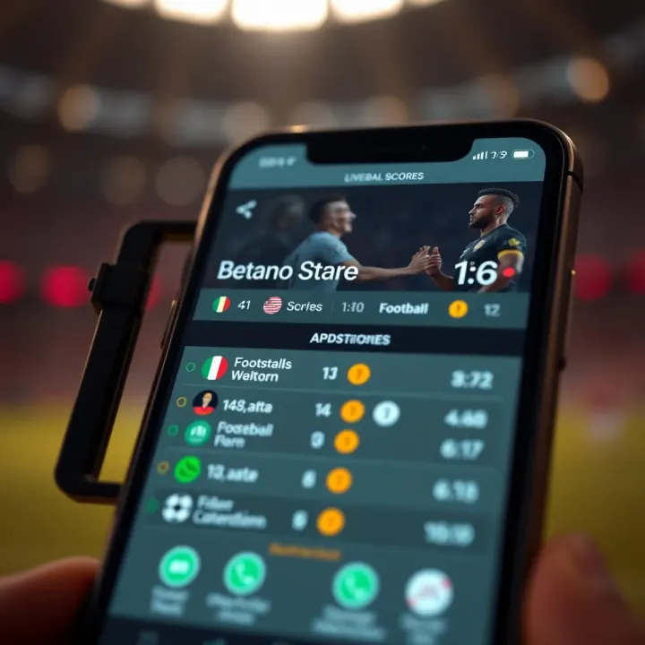 Mobile phone displaying live football scores and updates from Betano platform