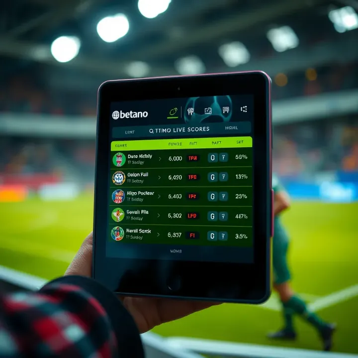 Betano live scores interface displaying real-time football match updates on a digital device