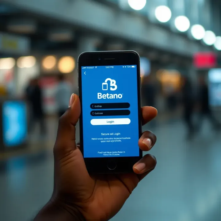 Mobile phone displaying Betano login screen with secure access features
