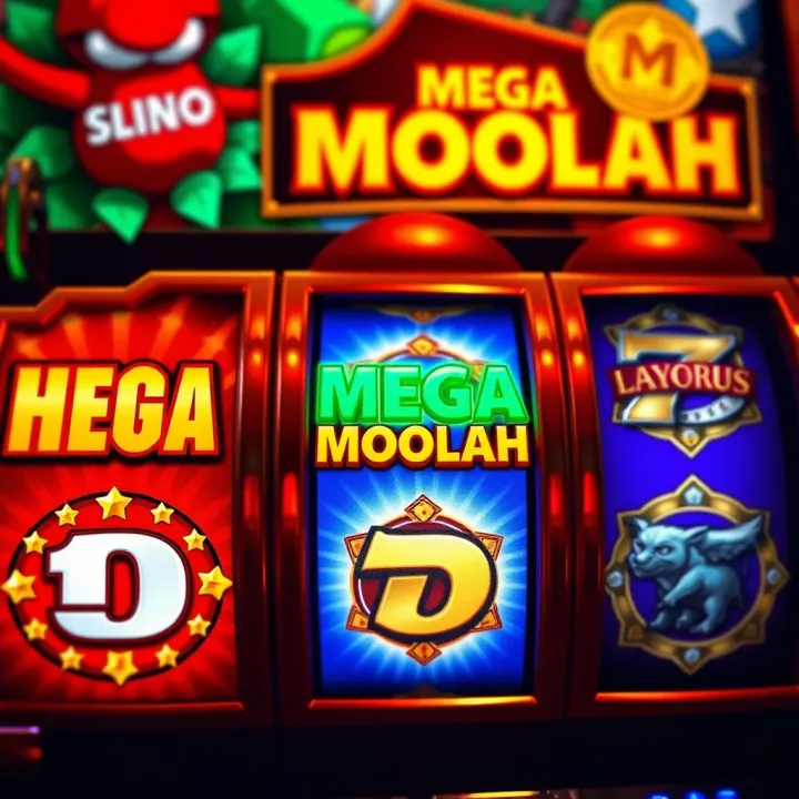 Colorful slot machine reels showing Mega Moolah symbols and jackpot signs