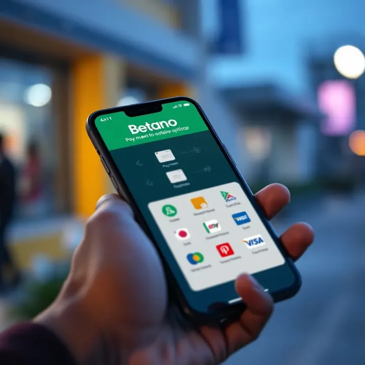 Smartphone with Betano Mobile Lite app open and icons representing various Nigerian payment methods