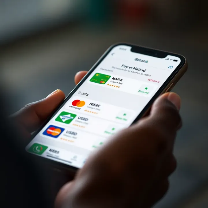 Various payment methods including Naira cards and USSD options displayed on mobile device