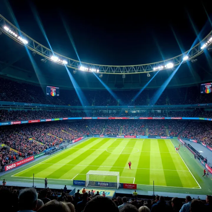 Football stadium filled with fans during a Serie A match under bright floodlights