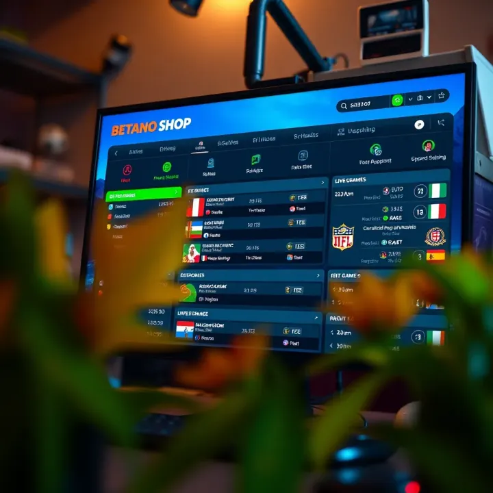 User interface of Betano Shop desktop showcasing sports betting options and live game updates on a computer screen