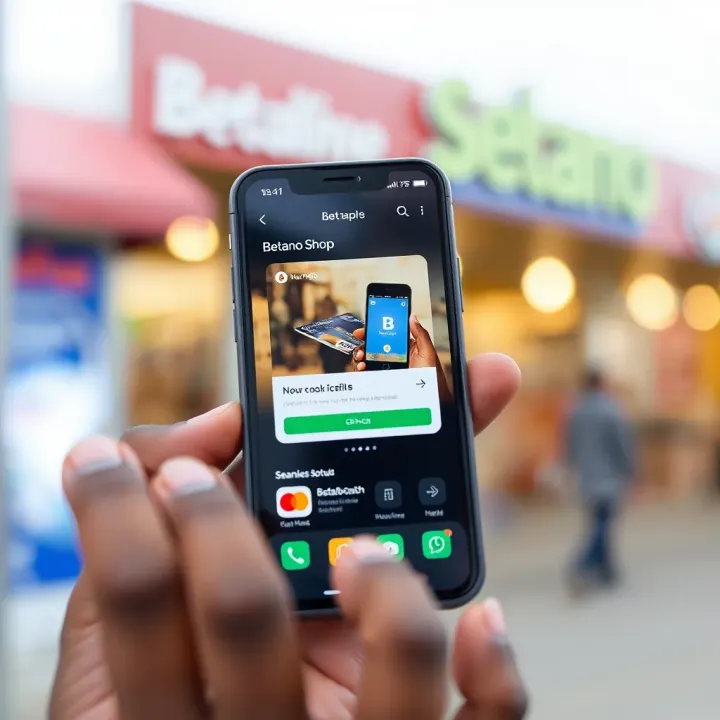 Mobile phone screen displaying Betano Shop app interface alongside a mobile banking app for seamless transactions in Nigeria