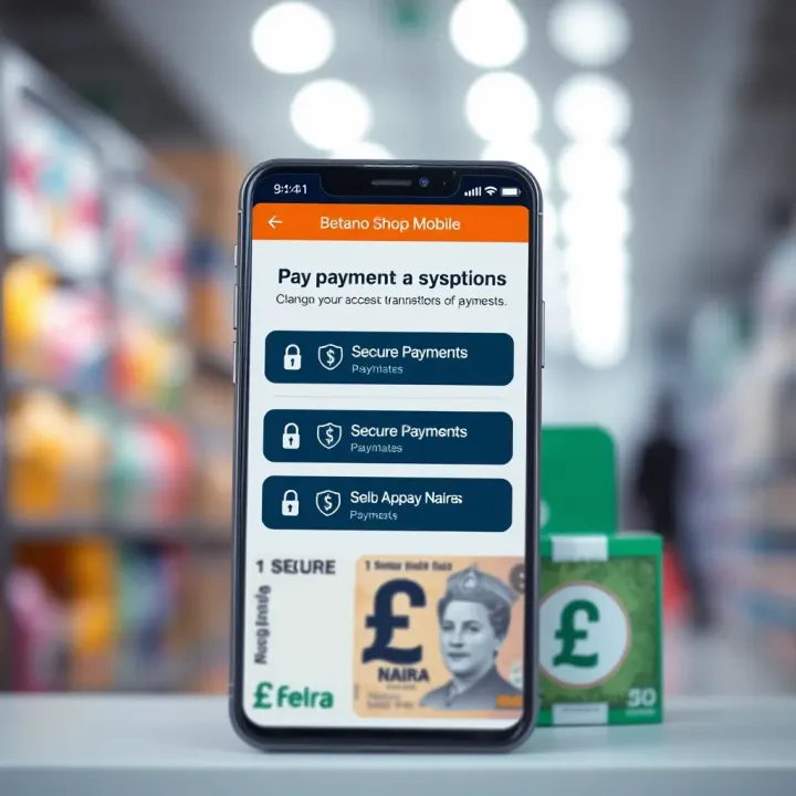 Graphic showing secure payment methods and Nigerian Naira currency symbol for transactions on Betano Shop Mobile