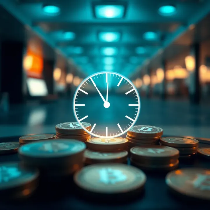 Graphic depicting a fast transfer of funds with digital currency icons and clock representing withdrawal speed