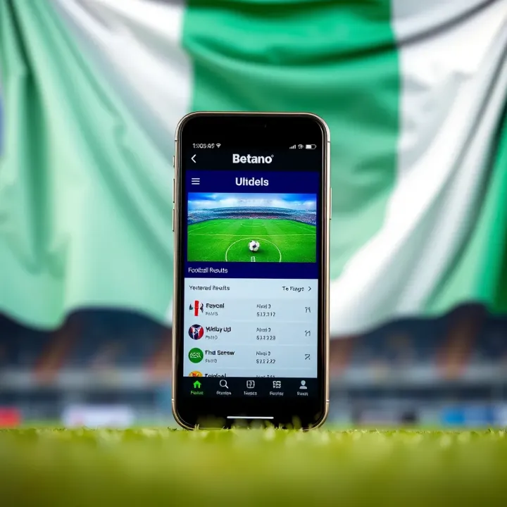 Mobile phone displaying yesterday's football results on Betano app with Nigerian flag in background