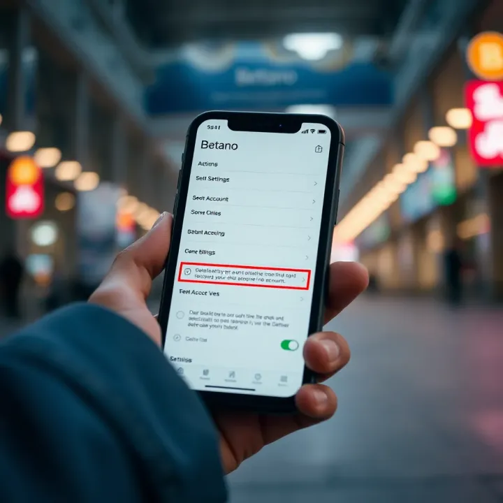 Smartphone screen displaying Betano app settings for account management
