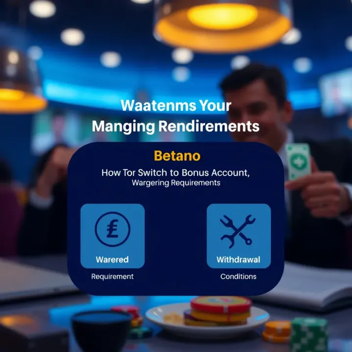 Visual representation of managing Betano bonus funds with icons for wagering requirements and withdrawal conditions