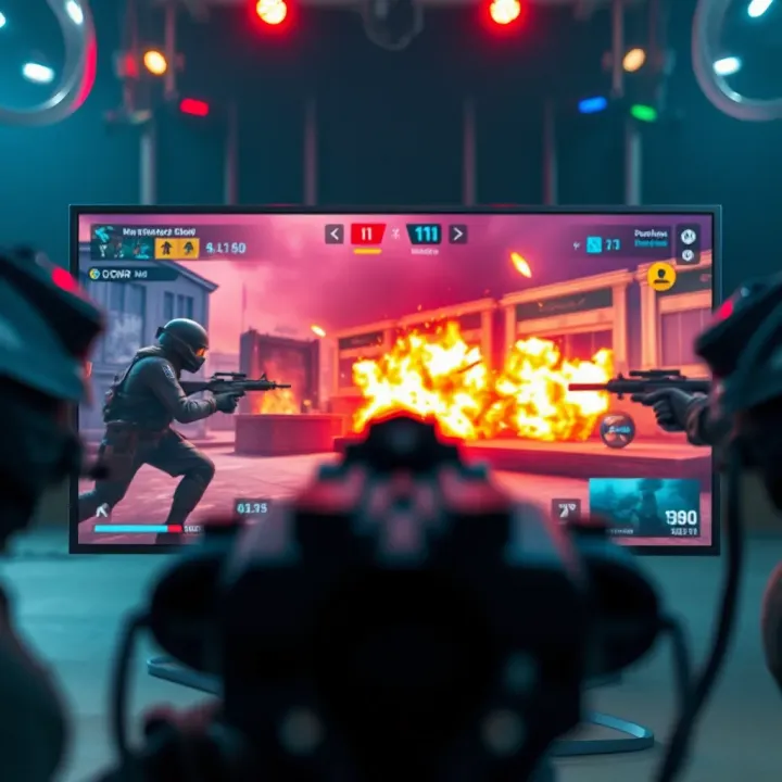 Gameplay screen showing intense multiplayer shooting action in a vibrant virtual battlefield