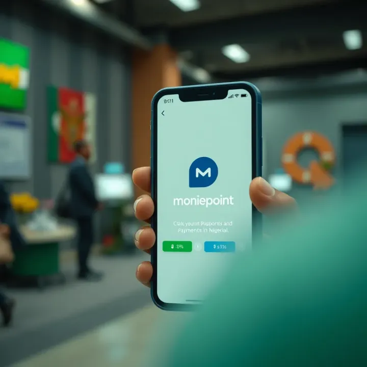 Mobile phone displaying Moniepoint fintech payment solution for transactions