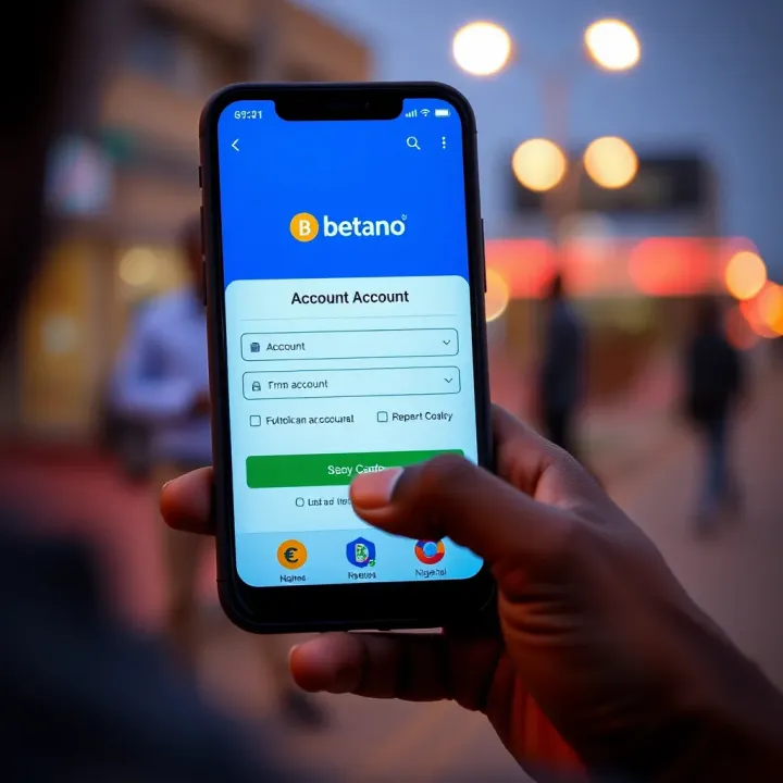 Illustration of a smartphone showing account creation form for Betano with Nigerian currency symbols