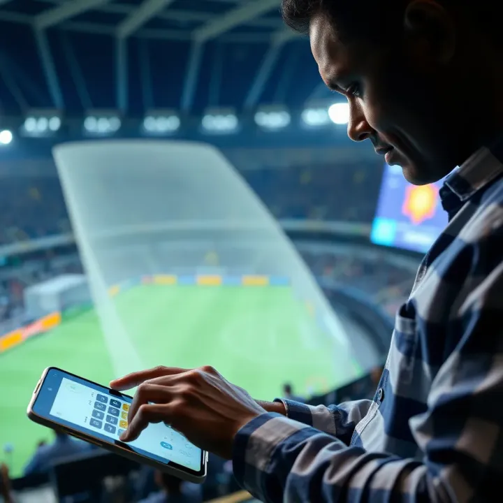 Illustration of a bettor managing risks and calculating returns using betting tools on a digital device